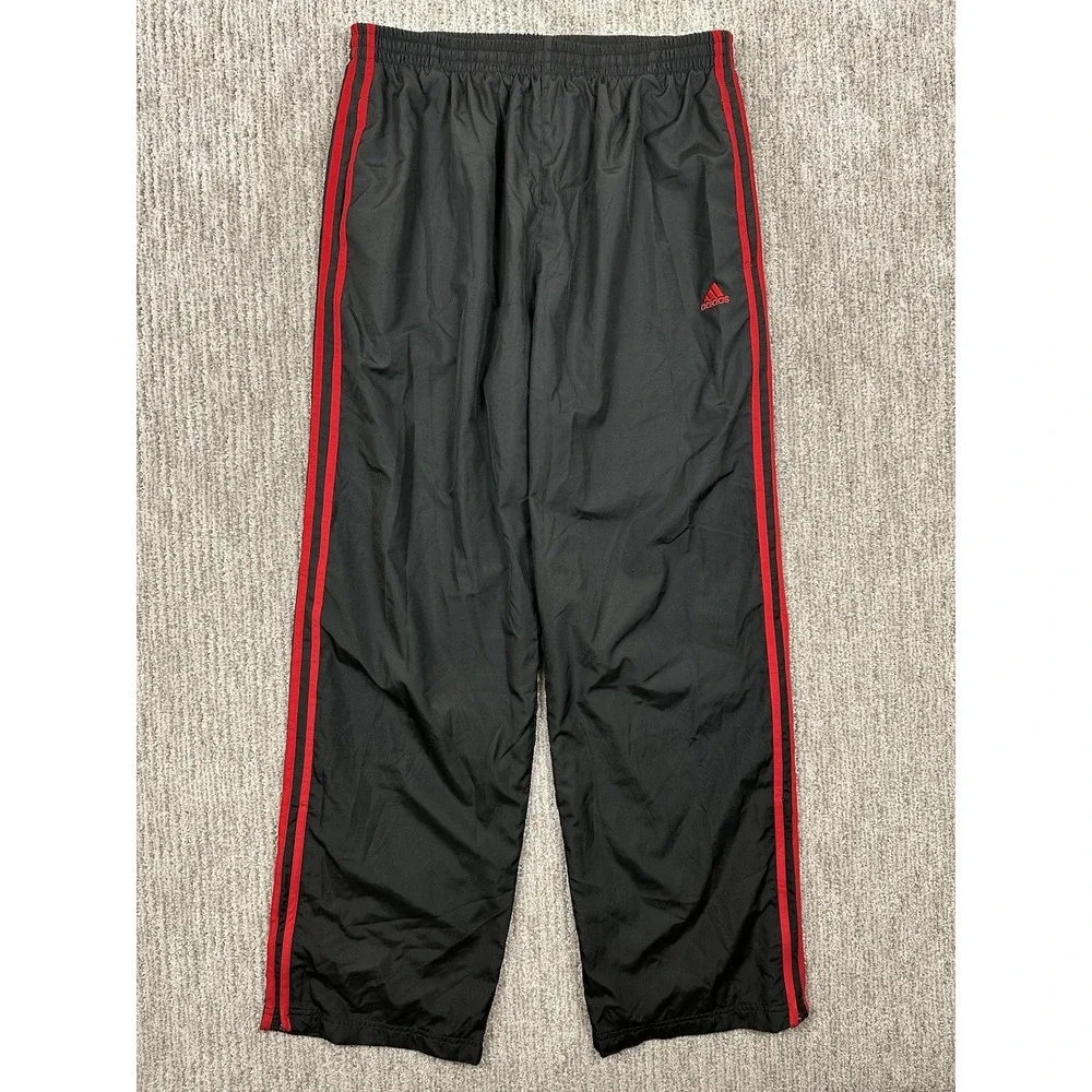 Adidas Black Track Pants Red Stripe Mens Sz L Baggy Mesh Lined Y2K Ankle Zip